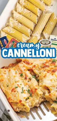 the cover of creamy cannelloni is shown with pasta and other foods in it