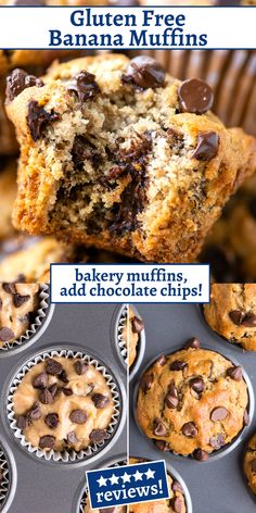 chocolate chip muffins with the words gluten free banana muffins above them