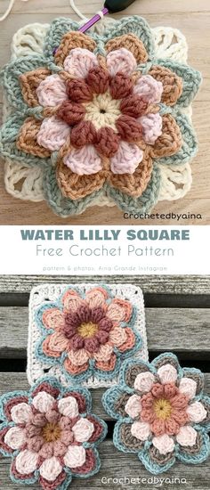 crocheted flower coasters with text that reads water lily square free crochet pattern