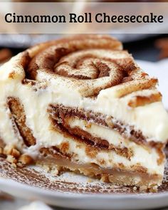 cinnamon roll cheesecake on a white plate