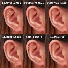 six different types of piercings in the shape of an ear with four options to choose from