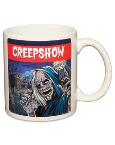 a white coffee mug with the words creepshow on it and an image of a creepy