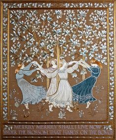 two women dancing in front of a tree with leaves and branches on it, one woman has her arms outstretched