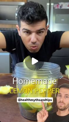 a man making lemons in a blender with the caption homemade lemon pepper