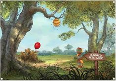 a cartoon scene with a red balloon and a sign that says hundred mile wood in the foreground