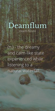 a river with rocks in it and the words dream bloom on top of it that reads,