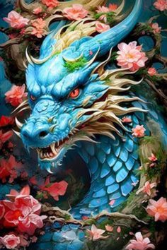 a blue dragon with red flowers on it's head and its eyes open, surrounded by