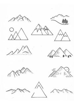 mountains and trees are drawn in black ink on white paper, each with different shapes