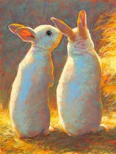 two white rabbits sitting next to each other on top of a grass covered field,