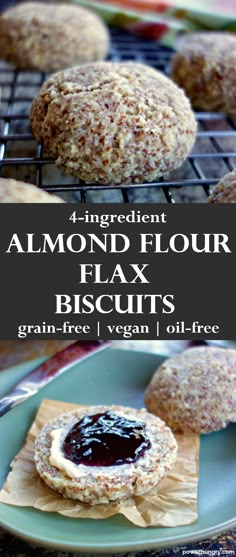 four ingredient almond floured flaky biscuits on a blue plate with the title above it