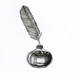 an ink drawing of a feather quill in a vase with a pen on it