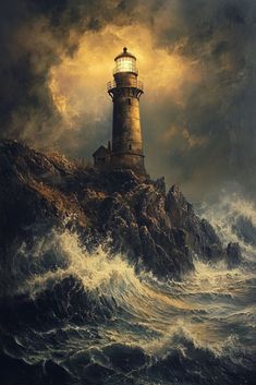 a painting of a lighthouse on top of a rock in the ocean