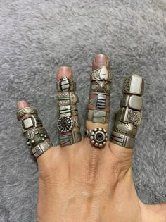 This is 20 old berber silver rings with etched and embossed decoration on the silver. The rings has a great old patina. Total weight : 103,7g Old Silver Jewellery, Ethnic Rings, Moroccan Rings, Bulky Rings, Chunky Rings Silver, Silver Chunky Rings, Strange Rings, Moroccan Jewelry, Antique Silver Rings