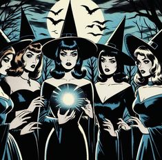 a group of women dressed in witches standing next to each other