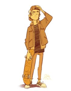 a drawing of a man holding a skateboard in his hand and wearing a jacket