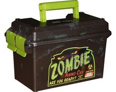 a black box with green handles and zombie stickers on the lid, sitting in front of a white background