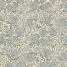 a blue and white flower pattern on a wallpaper with leaves, flowers and vines