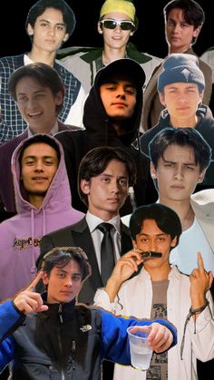 a collage of young men with different facial expressions and hairstyles, all wearing hoodies