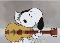 a cartoon dog holding a guitar and playing it