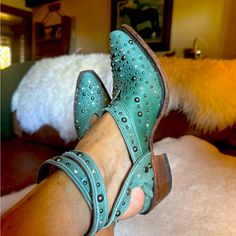 Gorgeous And Impossible To Find Lane Sparks Fly Crystal And Studs Cover And Beautiful Turquoise Leather Bootie With A Sexy Ankle Strap. Slightly Used, Just Enough To Be Super Comfortable Size 6 Funky Footwear, Sparks Fly, Turquoise Leather, White Crystal, Dream Shoes, Leather Booties, Western Boots, Bootie, Ankle Strap