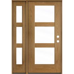 an oak double door with glass panels and sidelights on the outside, in front of a white background