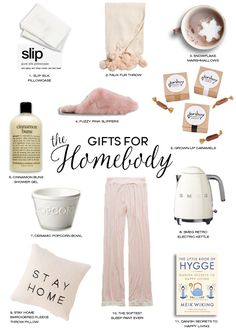 the gift guide for homebody is shown with items to give it as an item