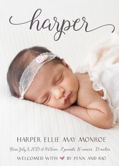 a baby sleeping on top of a bed with the words harper written in cursive font