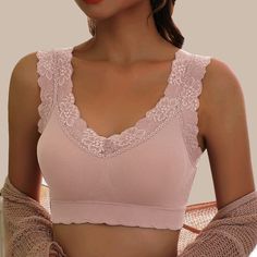 Women Fashion Lace Floral Edge Bralette Tops V-neck Sleeveless Tank Tops Crop Top Bra Ladies Camisole Vest Beauty Back Brassiere Femme Feminine Sleeveless Tank Top With Built-in Bra, Feminine Seamless Sleeveless Tank Top, Feminine Seamless Tank Top, Feminine Sleeveless Bra-friendly Tank Top, Feminine Sleeveless Bra-friendly Camisole, Pink Stretch V-neck Bra, Pink Stretch V-neck Camisole, Feminine Sleeveless Bra-friendly Tops, Feminine Seamless V-neck Camisole