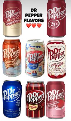 dr pepper flavored sodas are shown in different colors and flavors, with the words dr