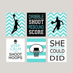 four basketball cards with the words, dribble shoot, record score and she's got the hoop