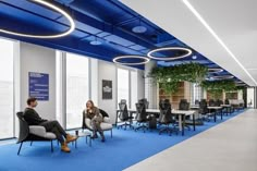 two people sitting on chairs in an office with blue carpeting and plants growing from the ceiling