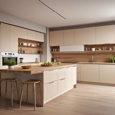 a modern kitchen with white cabinets and wood counter tops, along with two stools