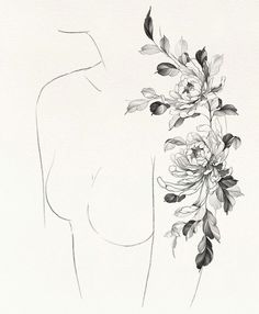 a black and white drawing of a woman's back with flowers