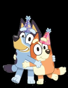 two cartoon dogs hugging each other with balloons in the sky behind them and bluey written on it