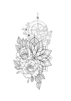 a black and white drawing of flowers with the letter n in the middle, surrounded by leaves