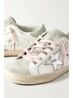 GOLDEN GOOSE Super-Star distressed leather and suede sneakers | NET-A-PORTER Preppy Shoes, Designer Logo, Golden Goose Sneakers, Golden Goose Shoes, Golden Goose Deluxe Brand, Brown Sneakers, Swag Shoes, Star Sneakers, Super Star