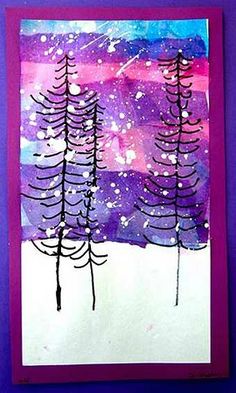 an art project made with watercolor and ink on paper, featuring trees in the snow