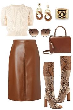 Brown Leather Skirt, Chique Outfit, Church Outfits, Work Attire, Boots Outfit, Work Fashion