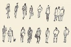 an image of people walking down the street in different ways illustrationed on white paper