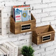 two wooden bins on the wall with magazines and magazines in them next to a potted plant