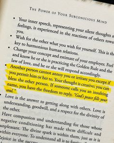 an open book with yellow highlights on the page and some writing underneath it that says, power of your unconscious mind