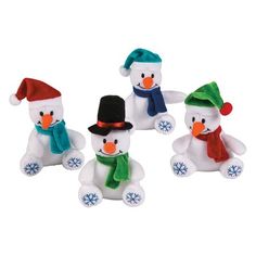 three snowmen with hats and scarfs on