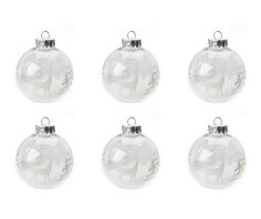 six clear glass christmas ornaments with white horses on the front and bottom, set of four