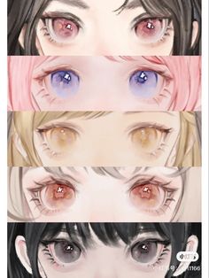 three anime eyes with different colors on them