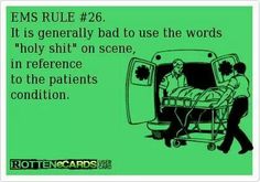 a green poster with an image of a person in a hospital bed and the words ems rules