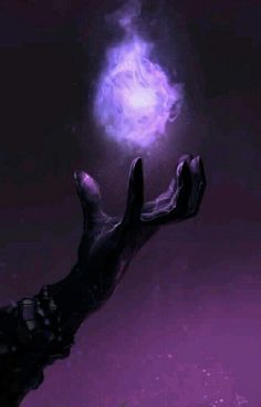 a hand reaching up towards a purple light