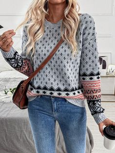 Women''s Casual Retro Pattern Knit Sweater With Crew Neck And Long Sleeves Multicolor Casual  Long Sleeve Knitwear Geometric,Striped Pullovers Medium Stretch  Women Clothing, size features are:Bust: ,Length: ,Sleeve Length: Scandinavian Pattern, Women Crew Socks, Drop Shoulder Sweaters, Fall Outfits For Work, Retro Pattern, Boho Women, Kids Sleepwear, Inspiration Mode, Business Fashion