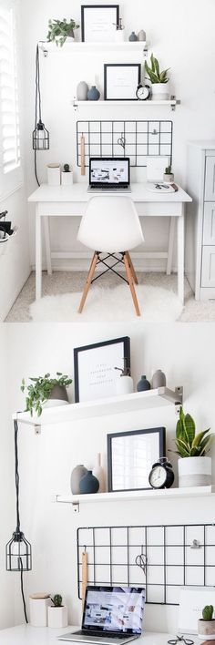 three different angles of a desk with laptops and plants on the shelves above it