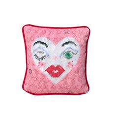 white heart pillow with winking eye and green eye, full lips, pink background with X and O Crazy Heart, Toss Pillow, Down Pillow, Nyc Apartment, Heart And Soul, Toss Pillows, Heart Art, Local Artisans, Velvet Pillows