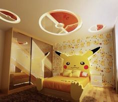 a bedroom decorated in pokemon themed decor with mirrors on the wall and a bed that has a pikachu pillow on it